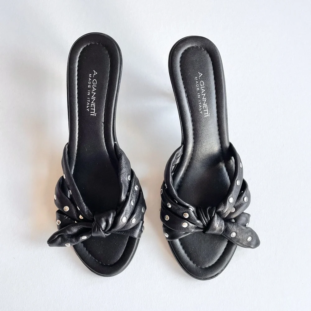 A. Giannetti Studded Black Leather Sandal Heels - Picture 4 of 7